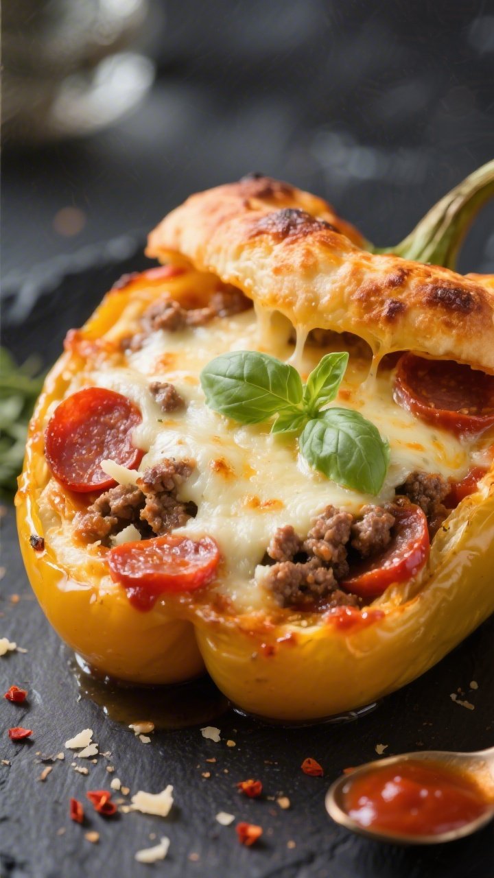 Close-up detail: Gooey, golden-browned mozzarella and Parmesan cap on a baked keto ground beef pizza