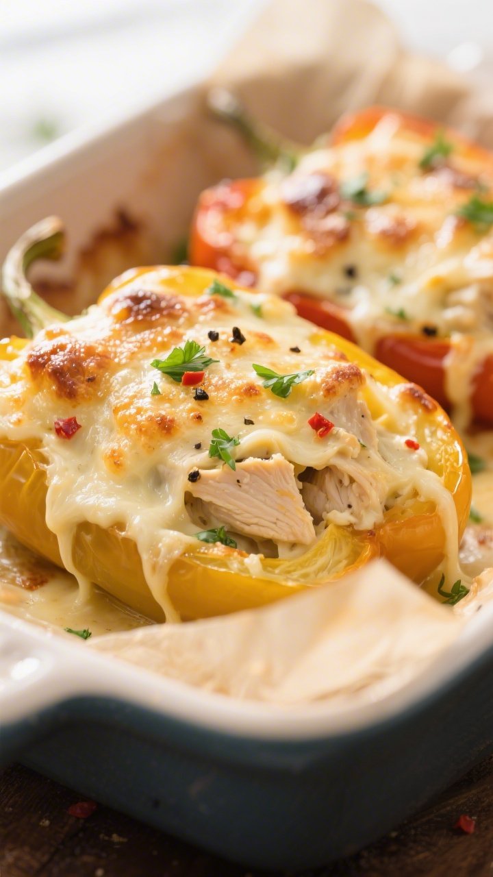 Close-up detail: Gooey, golden-bubbled Keto Chicken Alfredo Stuffed Peppers just out of the oven, ch
