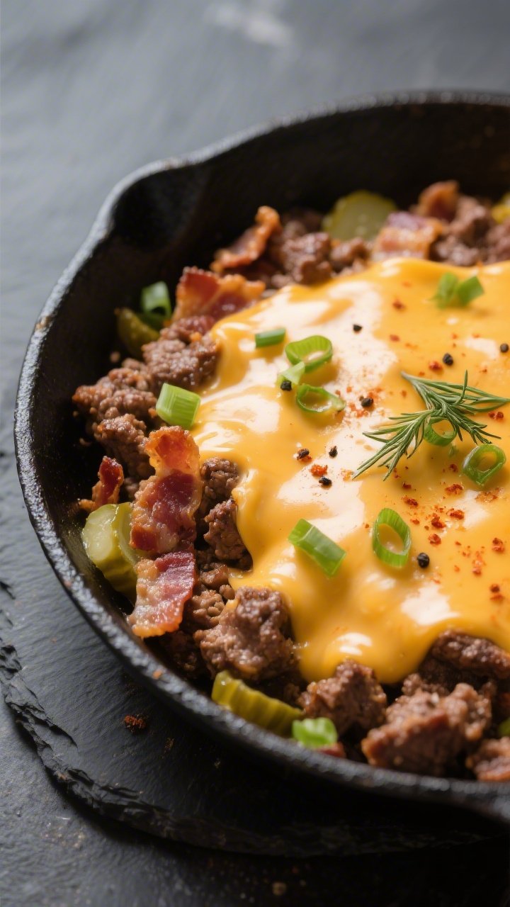 Close-up detail: Gooey keto bacon cheeseburger skillet just after cheese melt, showing pools of melt