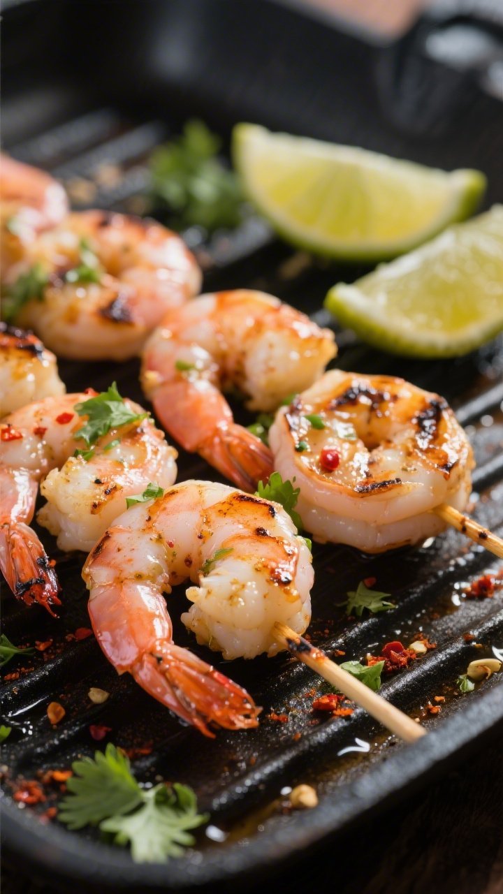 Close-up detail: Juicy grilled garlic-lime shrimp skewers just off the heat, light char marks and gl