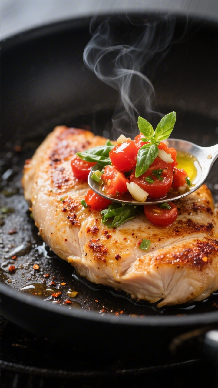 Close-up detail: Juicy seared chicken breast just off the stovetop, golden-brown crust with visible