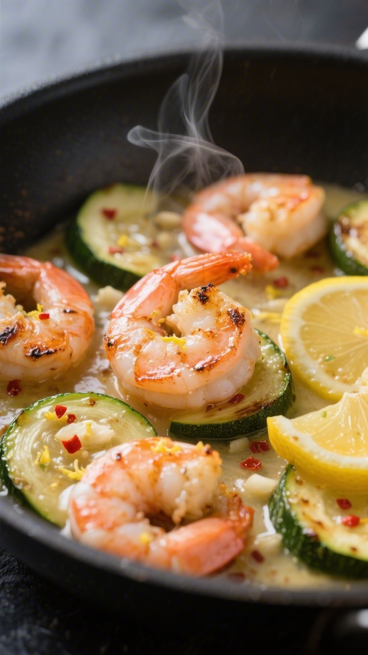 Close-up detail: Juicy seared shrimp just returned to the skillet with tender-crisp zucchini half-mo