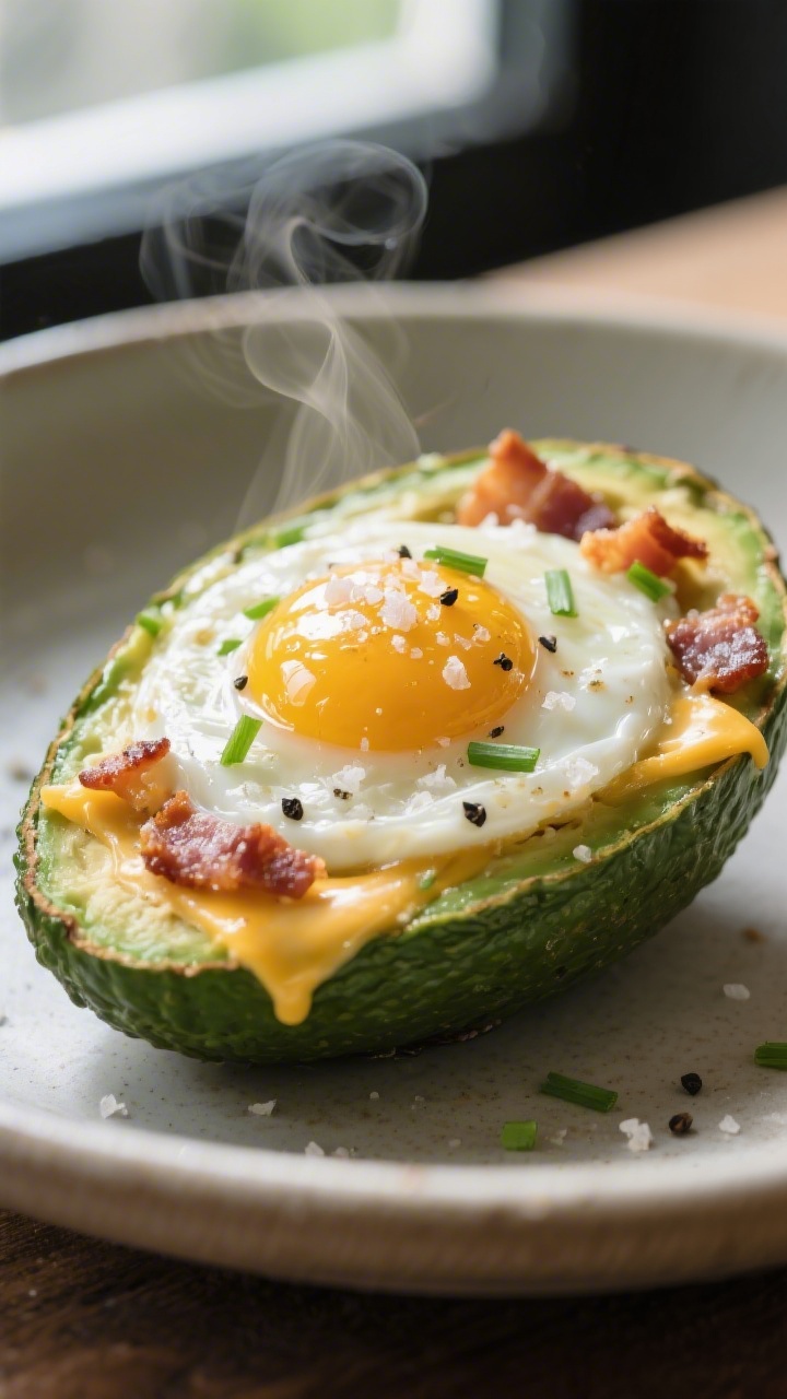 Close-up detail: Just-baked avocado egg boat with set, glossy whites and a jammy, glistening yolk ne