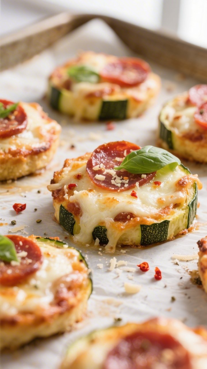 Close-up detail: Keto Zucchini Pizza Bites fresh from the oven with melty, bubbly mozzarella and lig