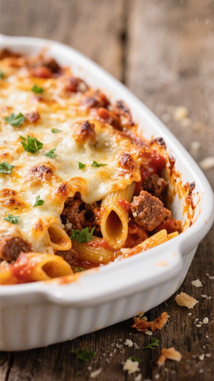 Close-up detail: Molten keto baked ziti just out of the oven with blistered, golden-brown mozzarella