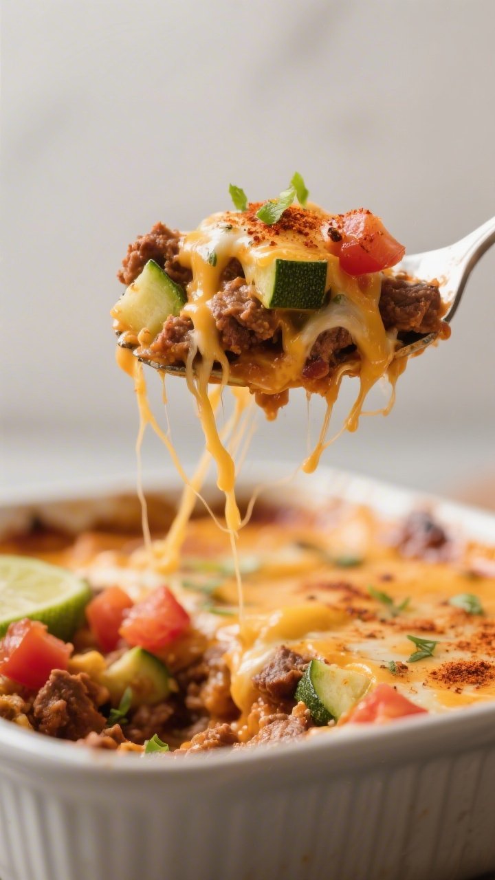 Close-up detail of a scoop: Macro-focused forkful lifted above the pan, showcasing the luscious, sco