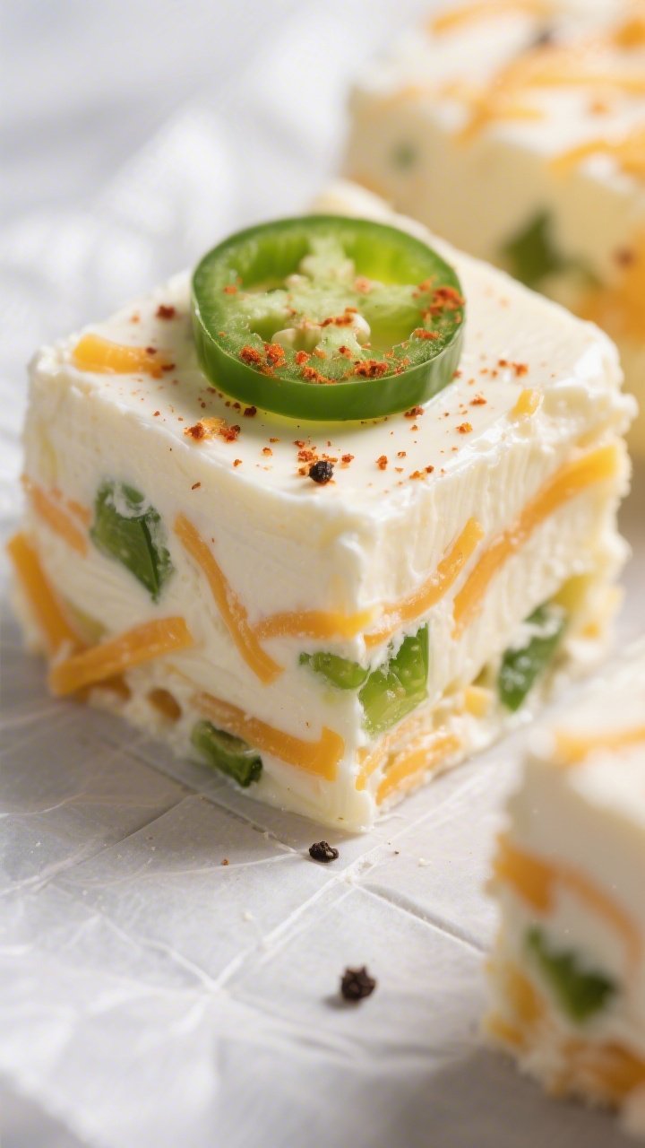 Close-up detail of chilled Keto Jalapeño Cheddar Fat Bomb Squares just after slicing: creamy, marbl