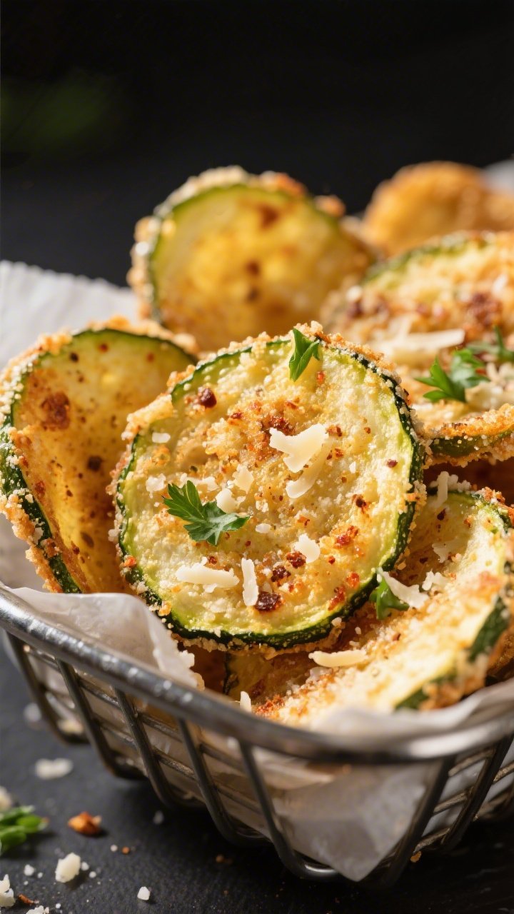 Close-up detail of freshly air-fried Keto Garlic Parmesan Zucchini Chips just out of the basket, gol