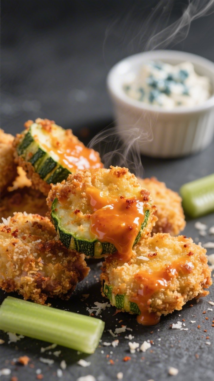 Close-up detail of freshly air-fried keto zucchini buffalo bites just after tossing, glistening in b