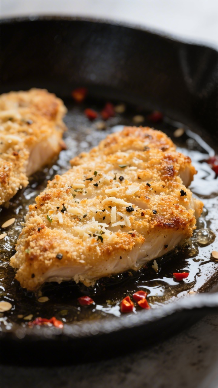Close-up detail of golden-brown keto chicken cutlets just after pan-frying, showing the ultra-crispy