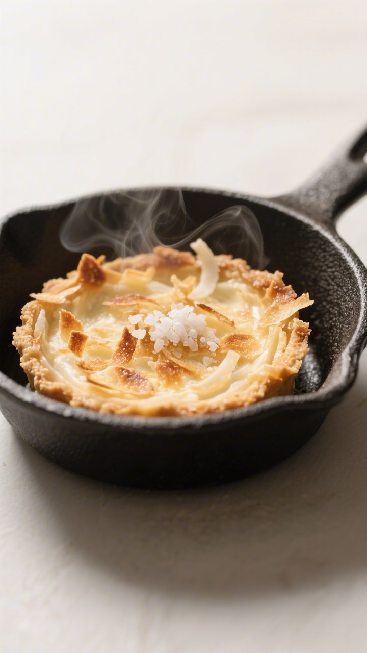 Close-up detail of golden toasted shredded coconut cooling in a small matte-black skillet, crisp edg