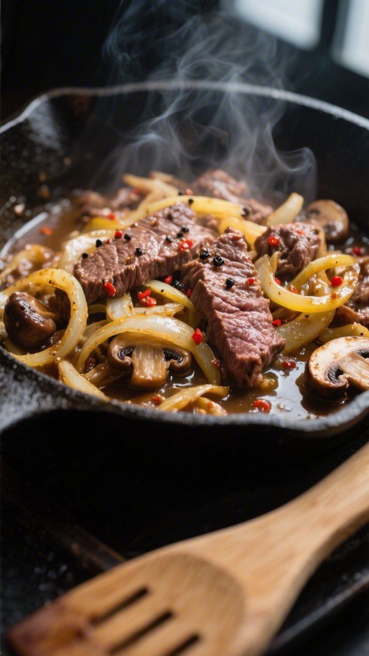 Close-up detail of sizzling keto Philly cheesesteak filling in a cast-iron skillet: thinly sliced ri