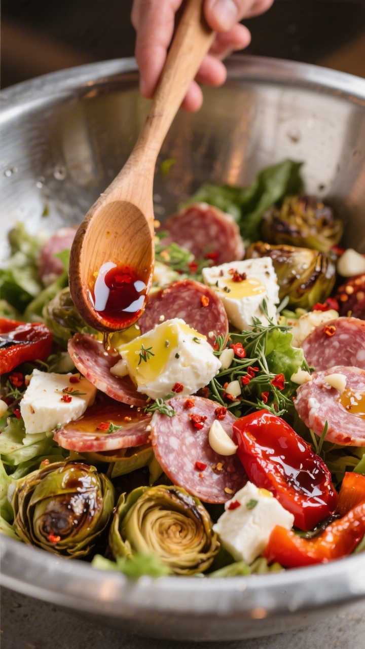 Close-up detail of the dressing toss moment: a prepared antipasto salad already assembled in a stain