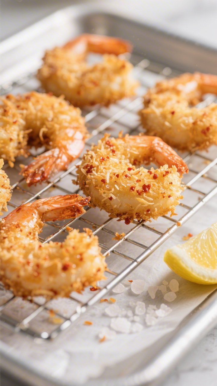 Close-up detail: Oven-baked keto coconut shrimp just out of the oven on a wire rack over parchment, 