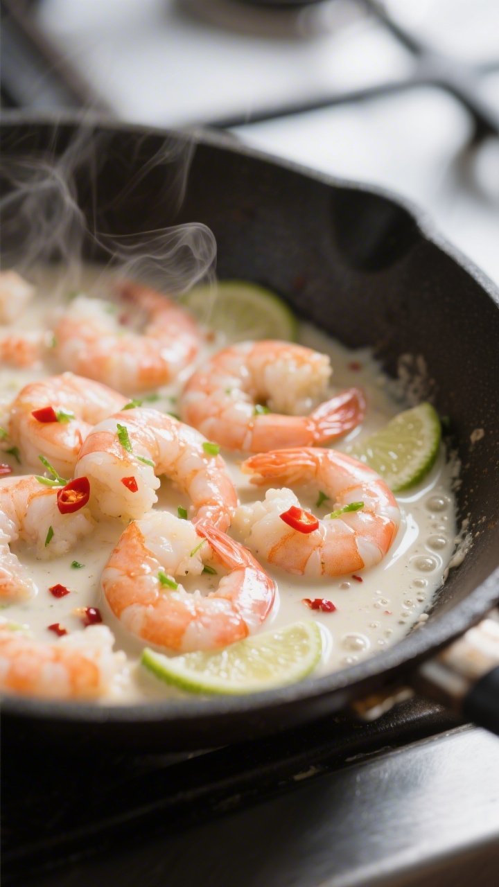 Close-up detail: Plump shrimp simmering in a creamy coconut-lime sauce in a skillet, shrimp just tur