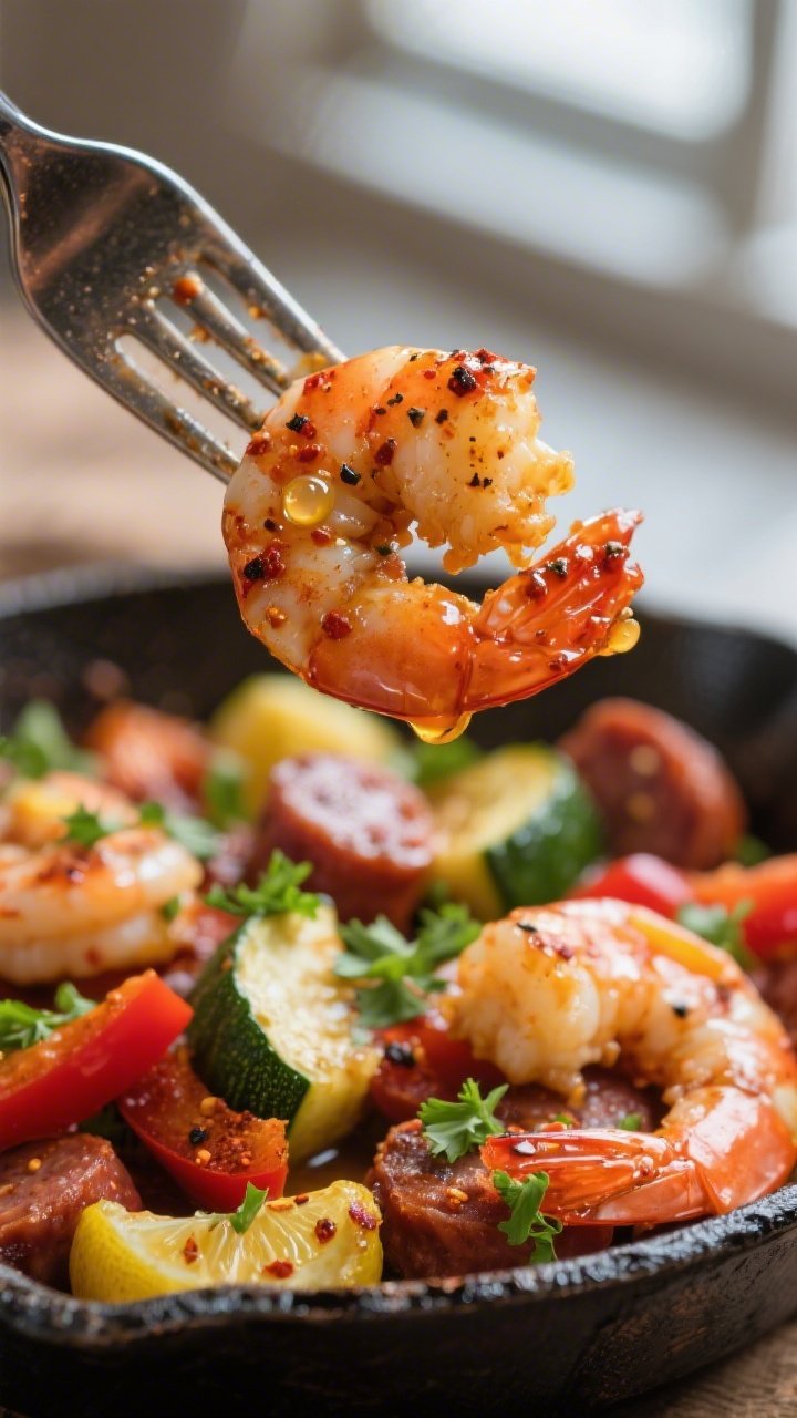 Close-up detail, saucy finish: Tight macro of a forkful of juicy shrimp and andouille with a glossy 