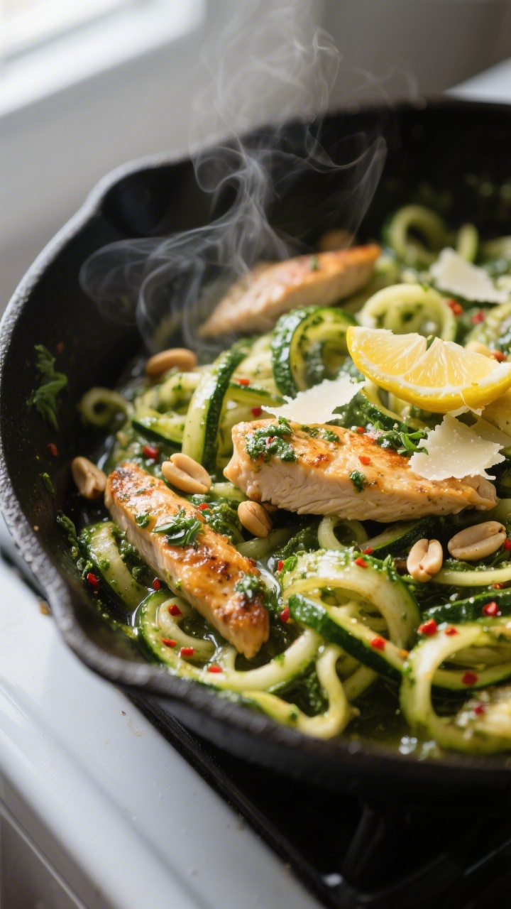 Close-up detail: Sautéed zucchini zoodles tossed with glossy basil pesto and tender golden-browned 