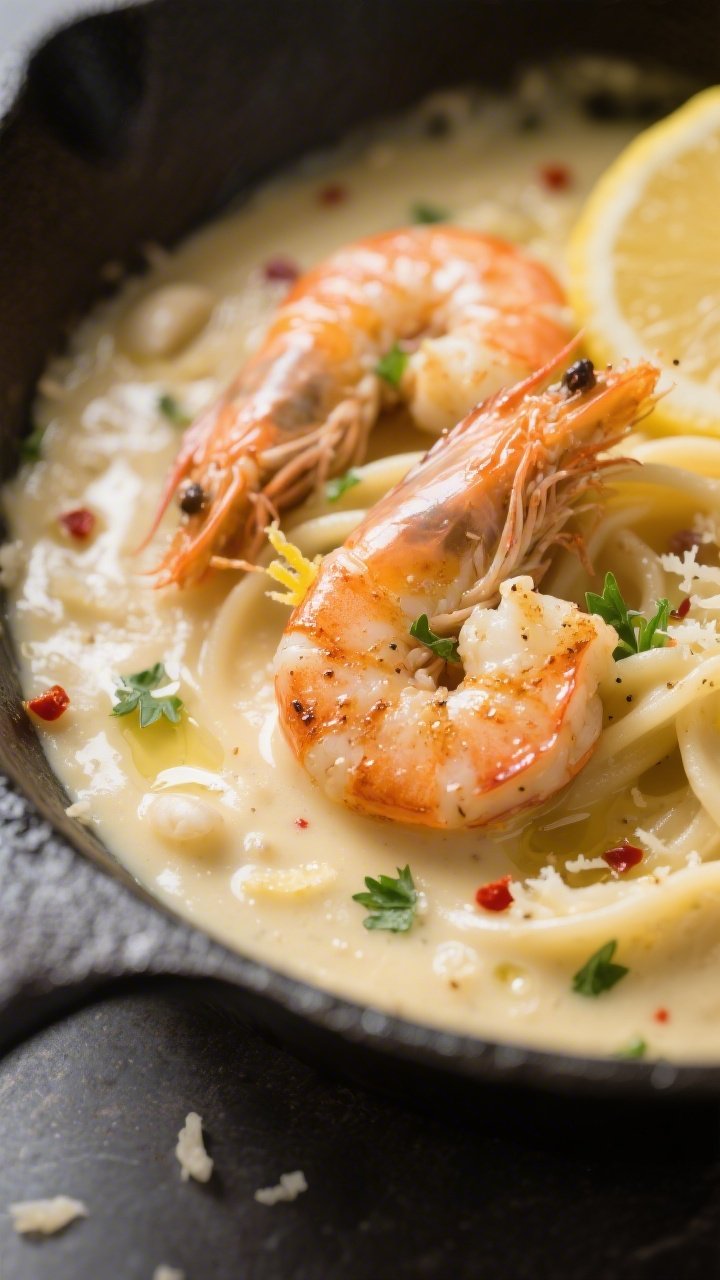 Close-up detail: Seared large shrimp nestled in a silky Alfredo sauce, glistening with butter and ol