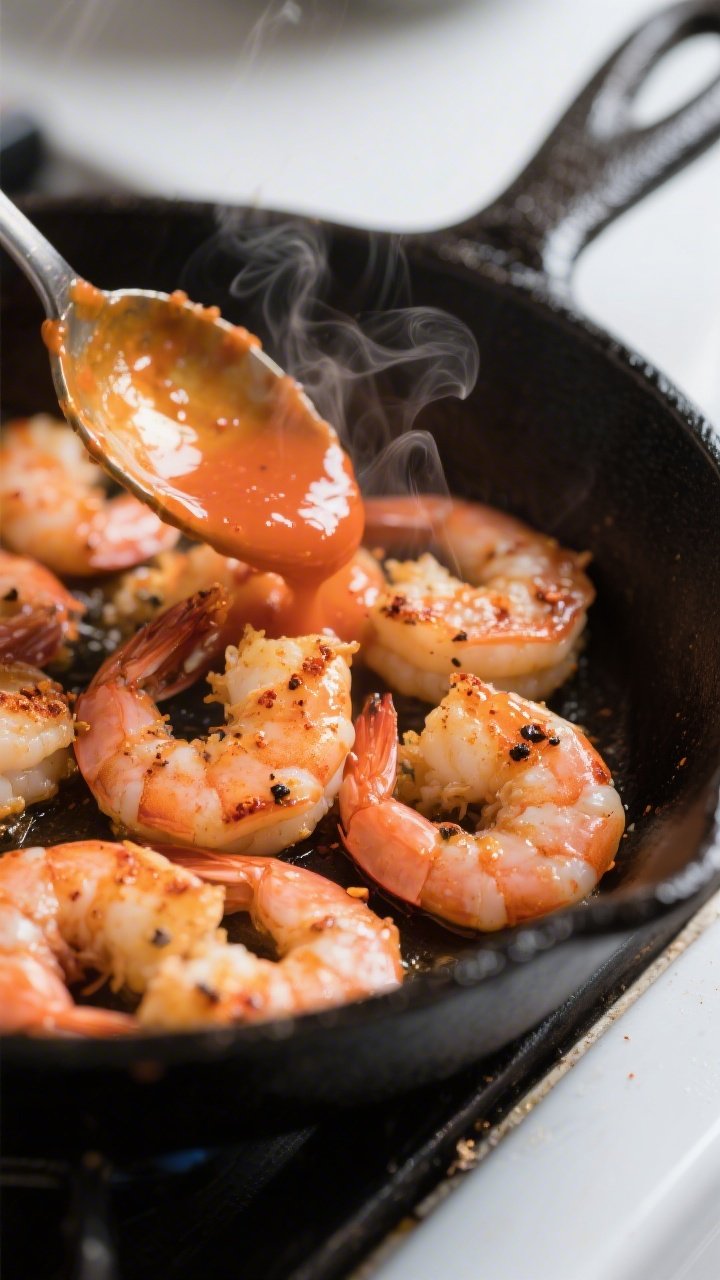 Close-up detail: Searing Buffalo shrimp in a hot skillet, shrimp just turned pink with light caramel