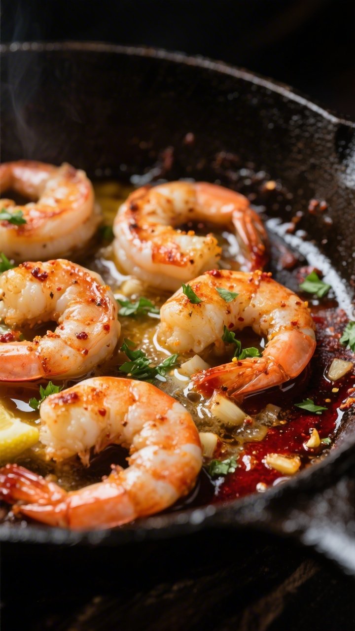 Close-up detail: Searing Cajun-spiced shrimp in a sizzling cast-iron skillet, shrimp curled into gen