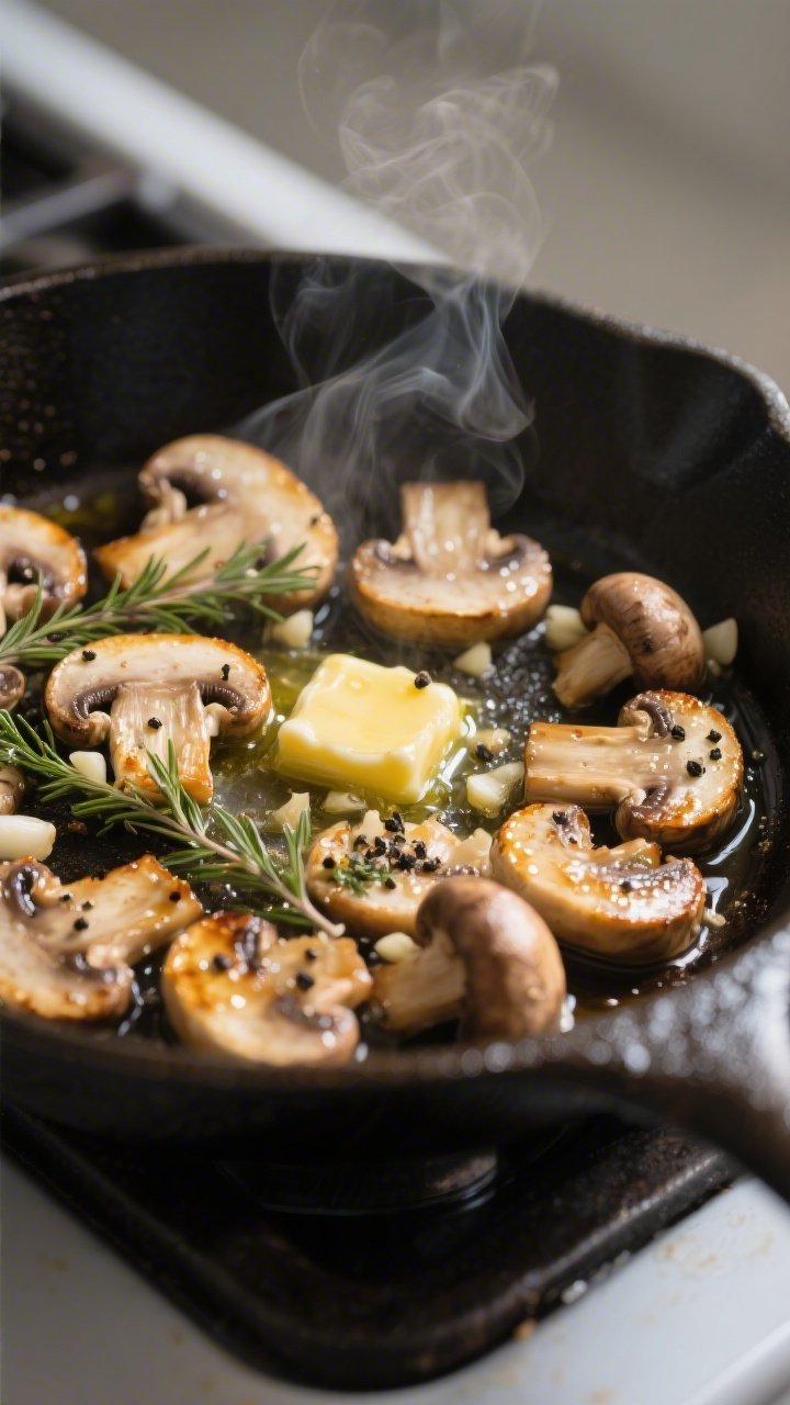 Close-up detail: Searing cremini and baby bella mushrooms in a hot skillet, edges deeply golden and 