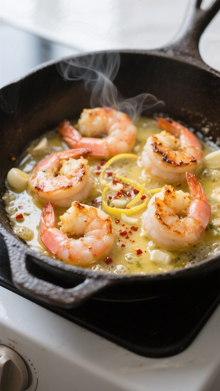 Close-up detail: Searing garlic-butter shrimp in a hot skillet, golden-browned edges with light char