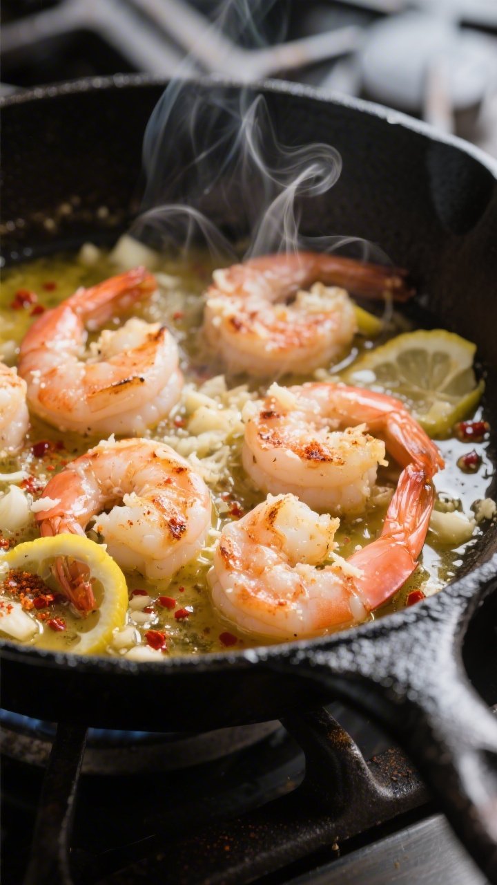 Close-up detail: Searing garlic-Parmesan shrimp in a black cast-iron skillet, shrimp just turned pin