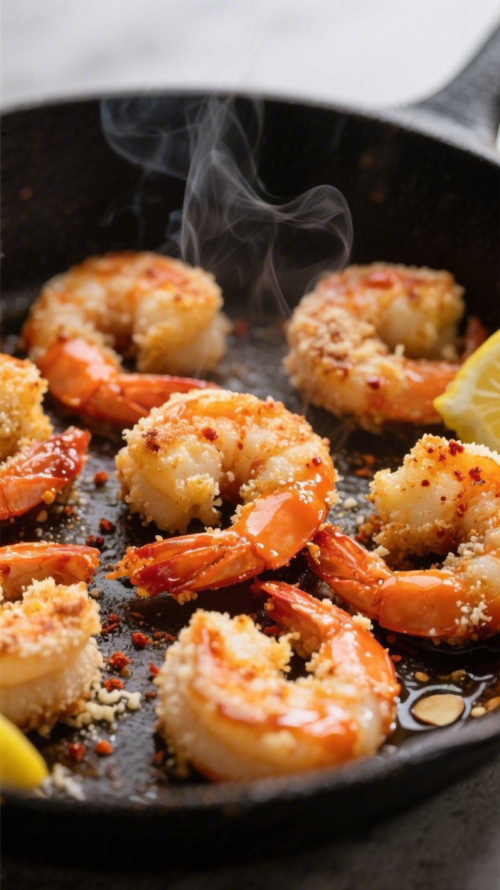 Close-up detail: Searing keto buffalo shrimp in a hot skillet, golden-browned edges from a light Par