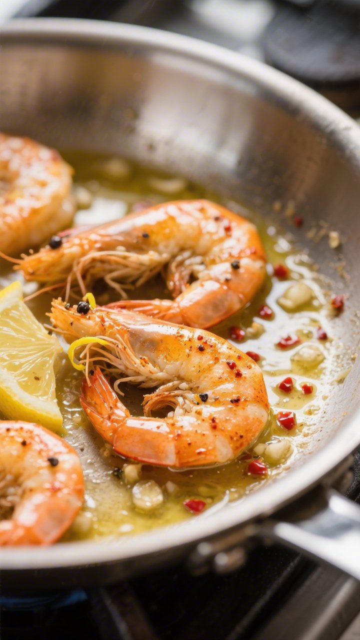 Close-up detail: Searing large shrimp in a stainless skillet, lightly golden crust with paprika and