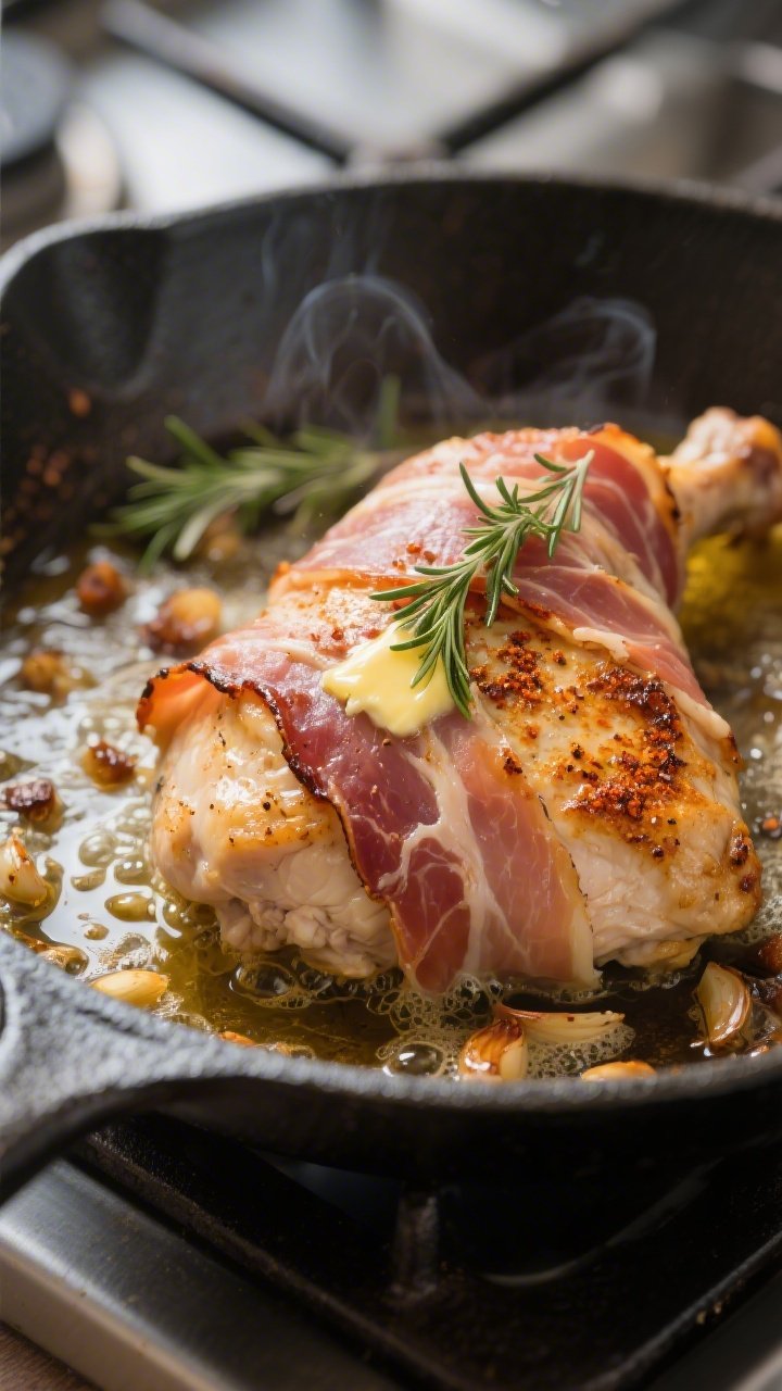 Close-up detail: Searing prosciutto-wrapped chicken in a hot oven-safe skillet, seam-side down, pros