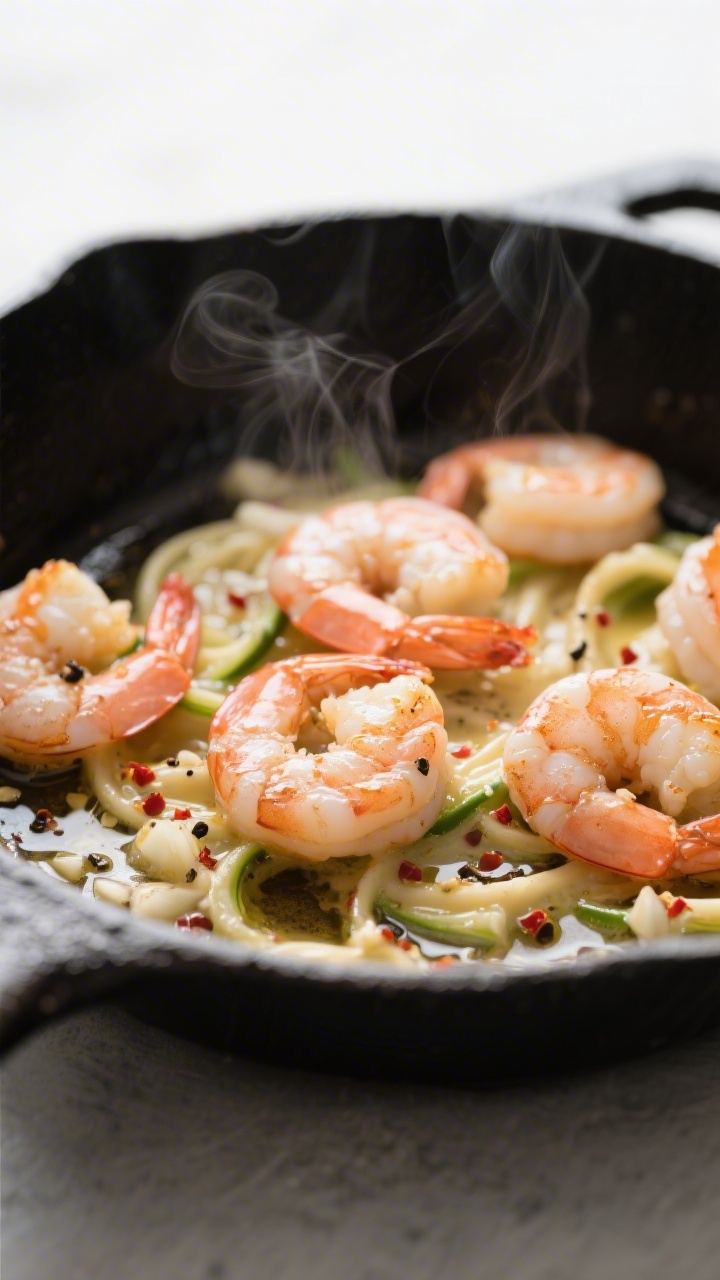 Close-up detail: Searing shrimp for Keto Shrimp Alfredo Zoodles in a black cast-iron skillet, shrimp