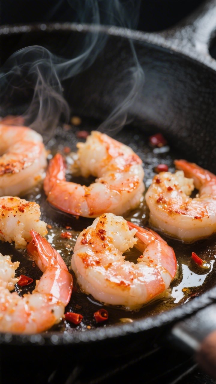 Close-up detail: Searing shrimp in a hot skillet, fully cooked and just turned pink with light caram