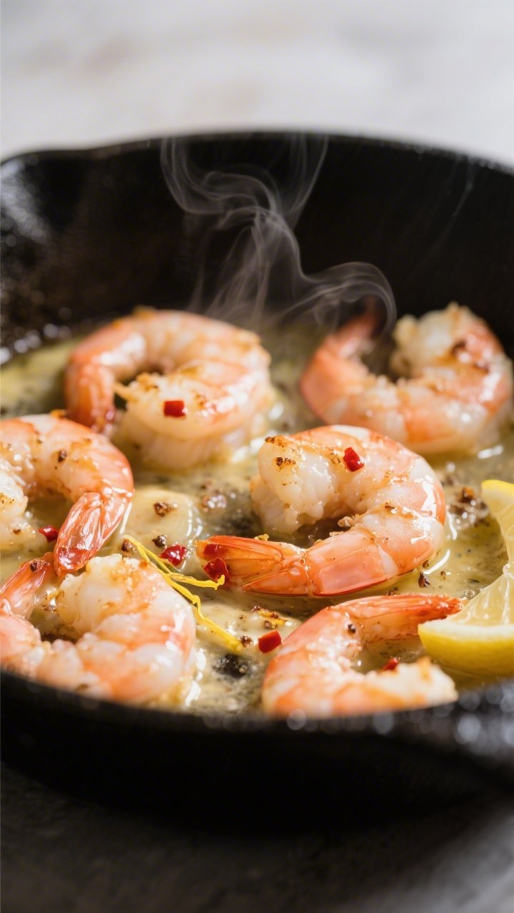 Close-up detail: Searing shrimp in a skillet just after flipping, coated in glossy, garlicky butter 