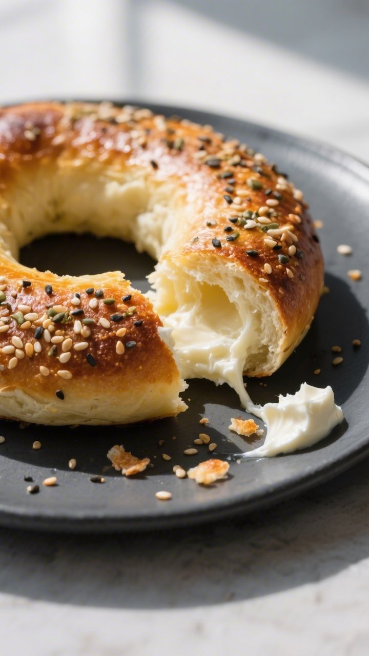 Close-up detail shot: A freshly baked keto bagel torn open to reveal its chewy, mozzarella-fathead c