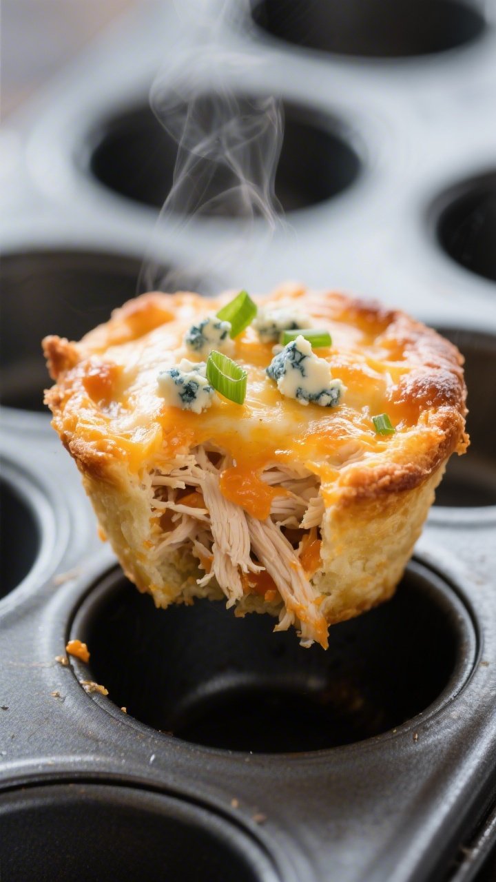 Close-up detail shot: A just-baked Keto Buffalo Chicken Dip Bite lifted slightly from a mini muffin 
