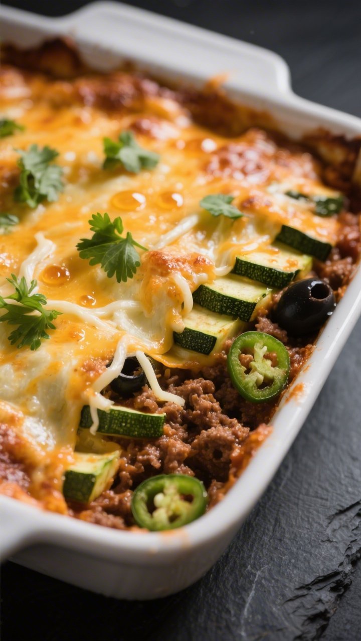 Close-up detail shot: A just-baked keto enchilada zucchini casserole corner, cheese bubbling and lig