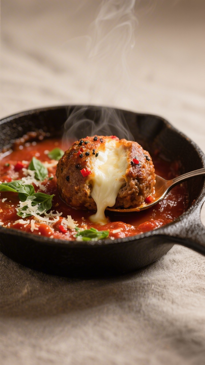 Close-up detail shot: A just-simmered mozzarella-stuffed meatball split open with a spoon in a skill