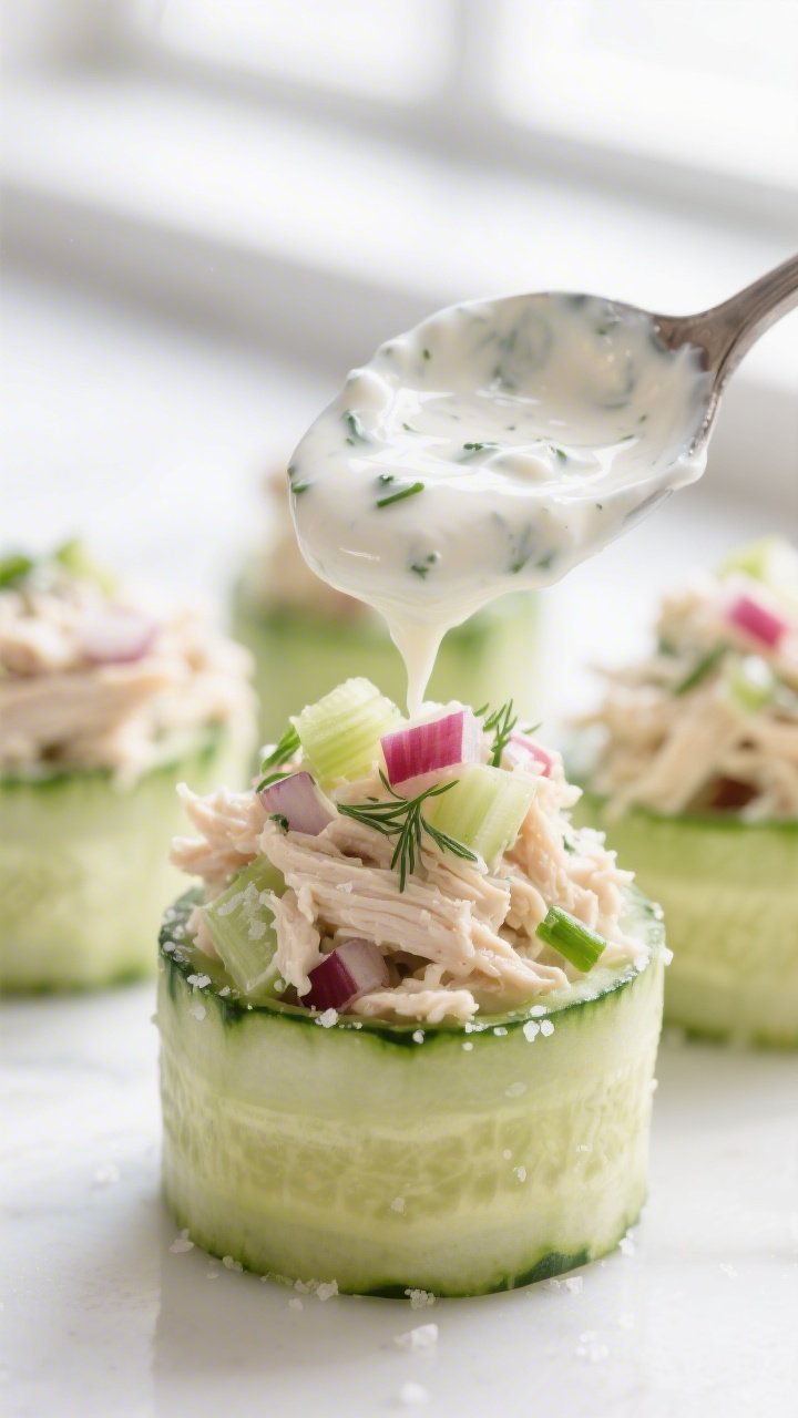 Close-up detail shot: A mound of creamy ranch chicken salad being spooned neatly into a hollowed cuc