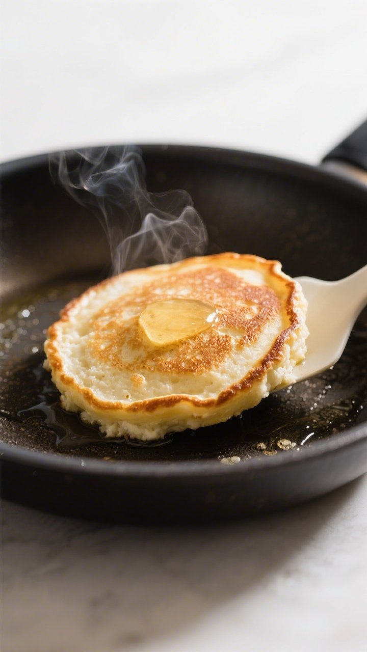 Close-up detail shot: A small keto cottage cheese pancake just flipped in a nonstick skillet, golden