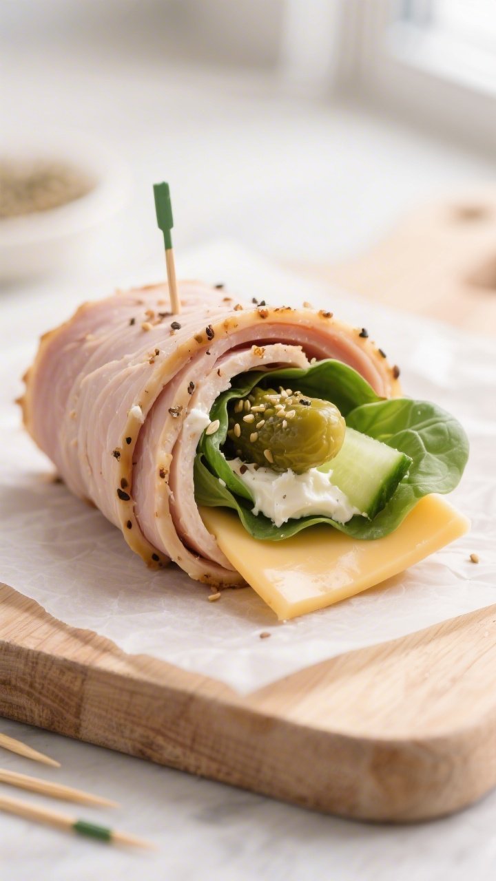 Close-up detail shot: A snug, sliced turkey and cheese roll-up bite showing tight spirals of oven-ro