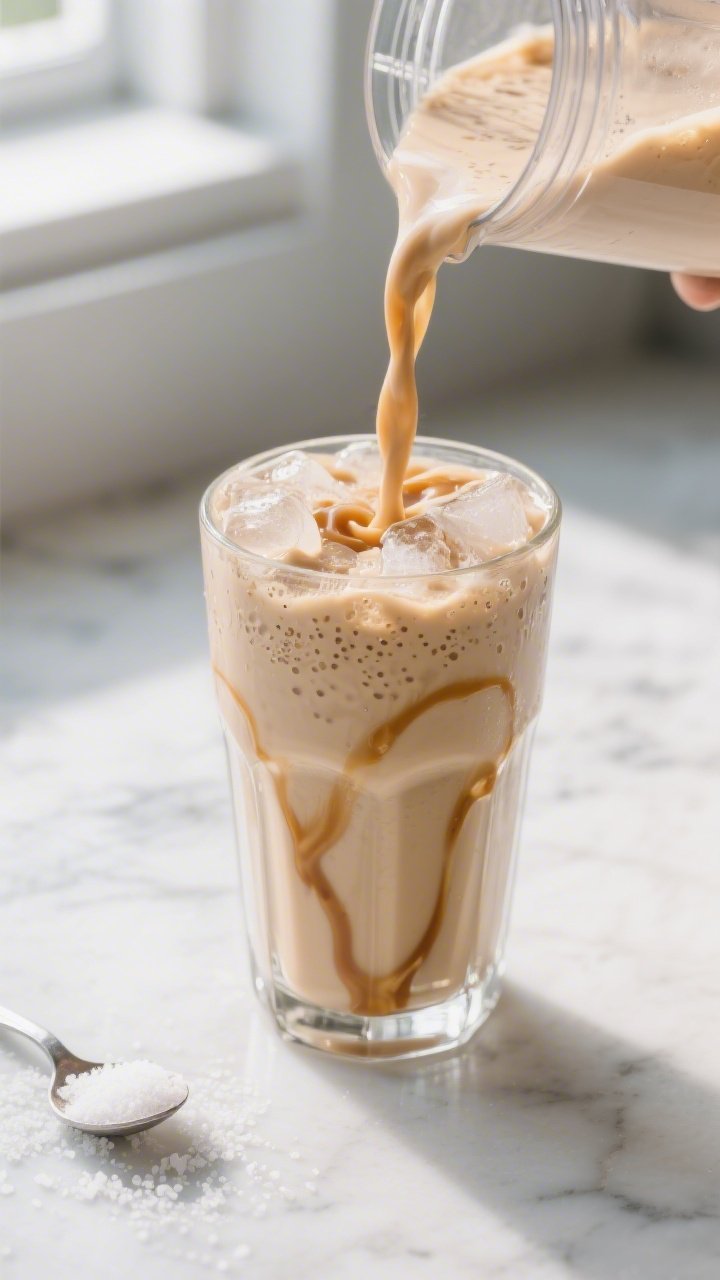 Close-up detail shot: A thick, frosty caramel keto protein frappe just after blending, being poured 