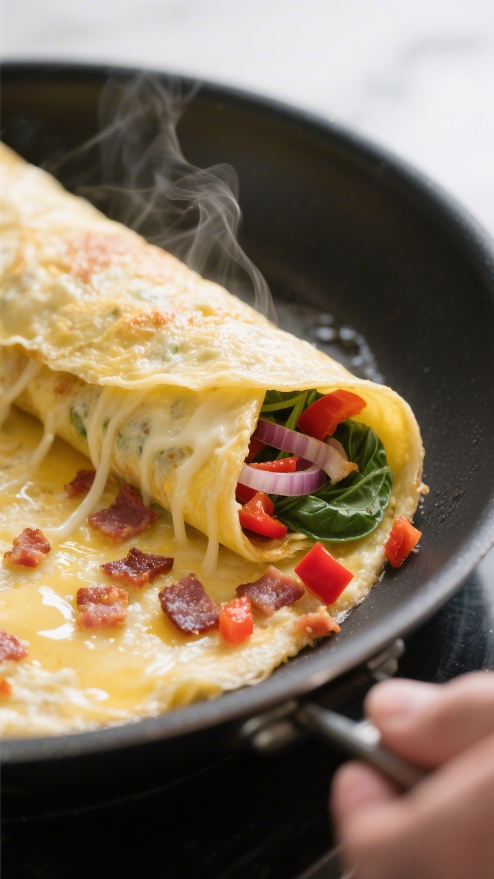 Close-up detail shot: A thin omelet sheet being rolled tightly in a nonstick skillet, cheese just me
