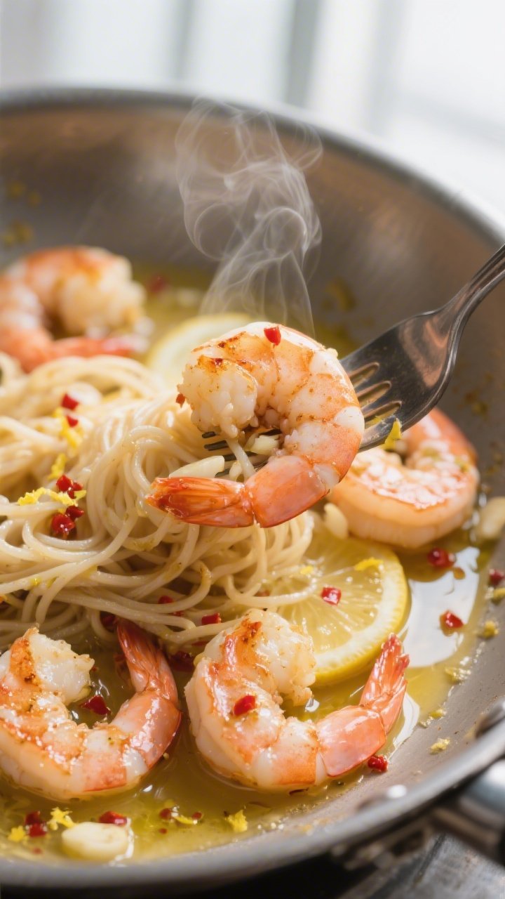 Close-up detail shot: Butter-garlic shrimp scampi just after tossing back into the glossy lemon-wine