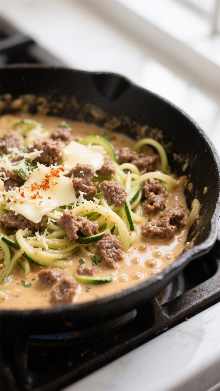 Close-up detail shot: Creamy keto ground beef zoodle skillet mid-simmer in a black cast-iron pan, sh