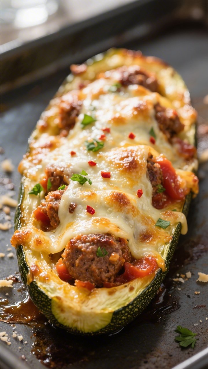 Close-up detail shot: Golden, bubbly keto sausage stuffed zucchini boat just out of the oven, cheese