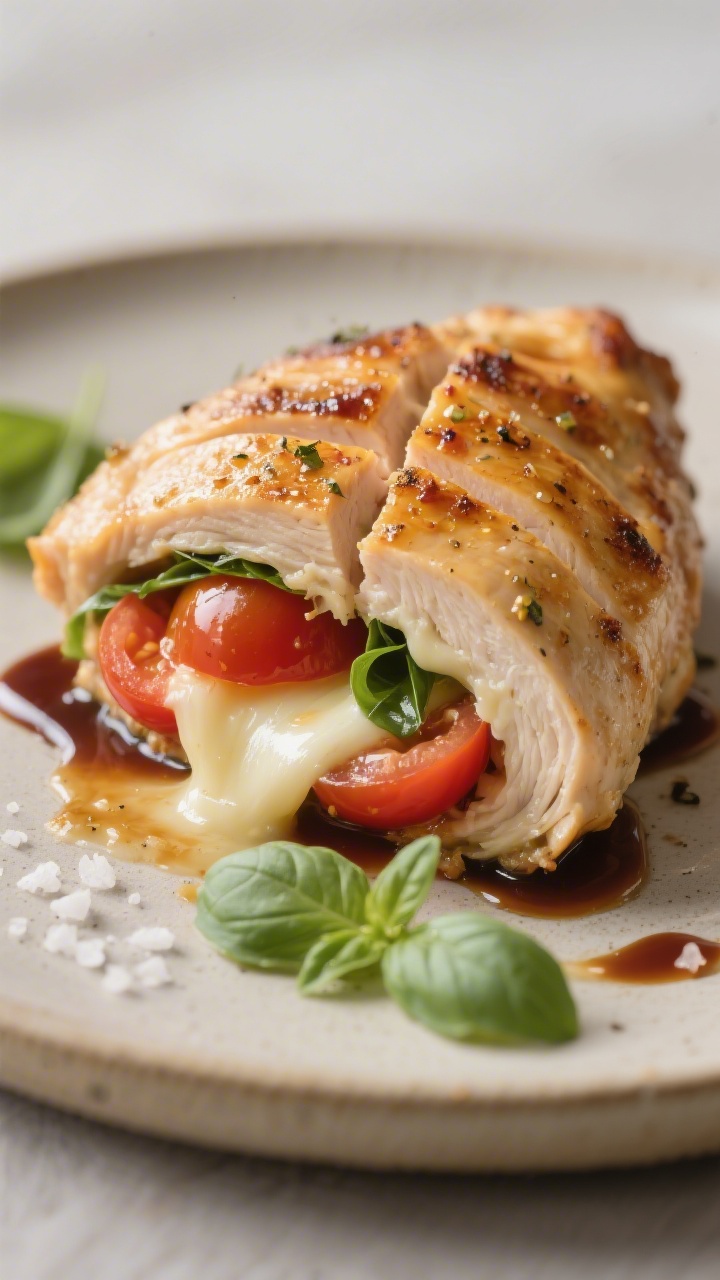 Close-up detail shot: Juicy Keto Caprese Stuffed Chicken just sliced crosswise to reveal oozing melt
