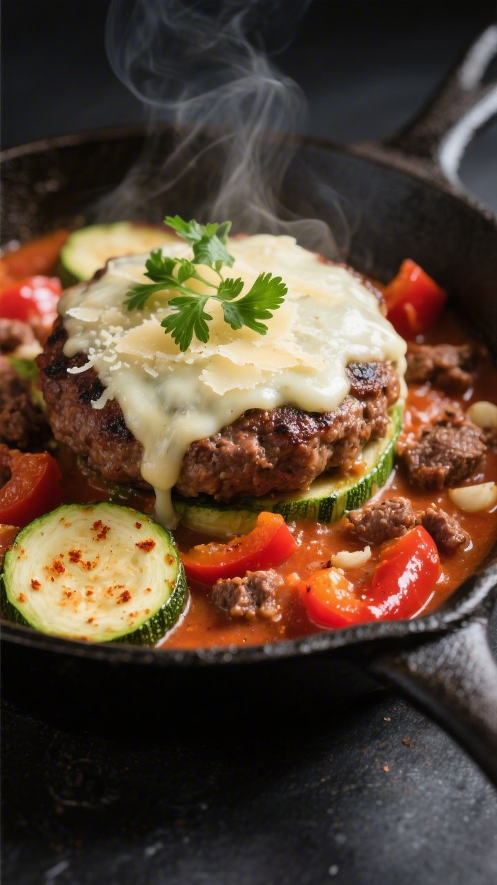 Close-up detail shot: Melted mozzarella and Parmesan blanketing a sizzling hamburger zucchini skille