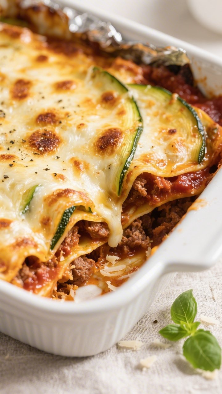 Close-up detail shot of a bubbling keto zucchini lasagna casserole just after foil removal: golden,