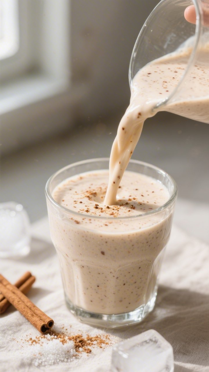 Close-up detail shot of a freshly blended Snickerdoodle Keto Protein Smoothie being poured in a thic