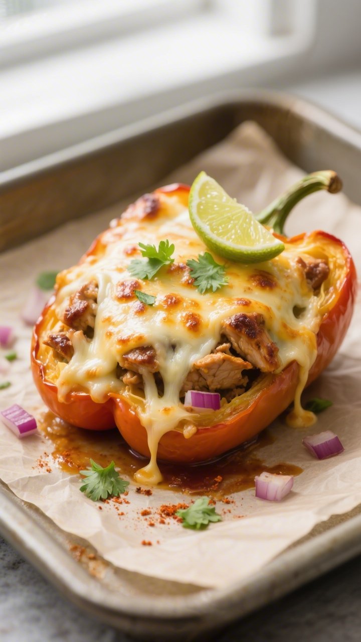 Close-up detail shot of a just-baked Keto BBQ Chicken Stuffed Pepper half on a parchment-lined bakin